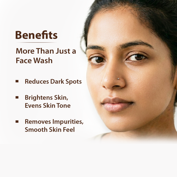 'More Than Just a Face Wash' and bullet points about reducing dark spots, brightening skin, and removing impurities, alongside a close-up portrait of a woman on a light background.