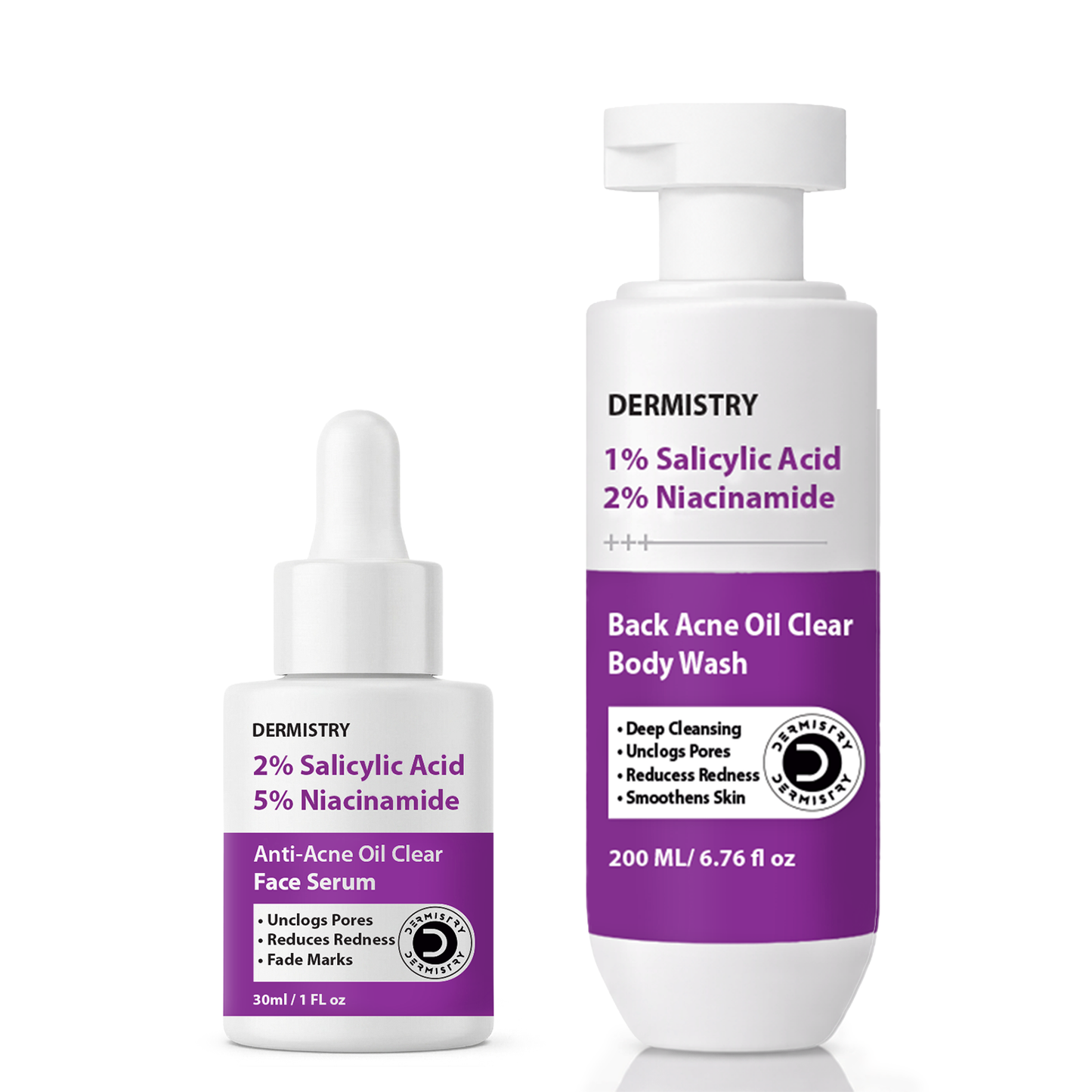 Dermistry 1% Salicylic Acid Back Acne Open Pores Excess Oil Removal Exfoliating Body Wash & 5% Niacinamide Spot Corrector Face Serum