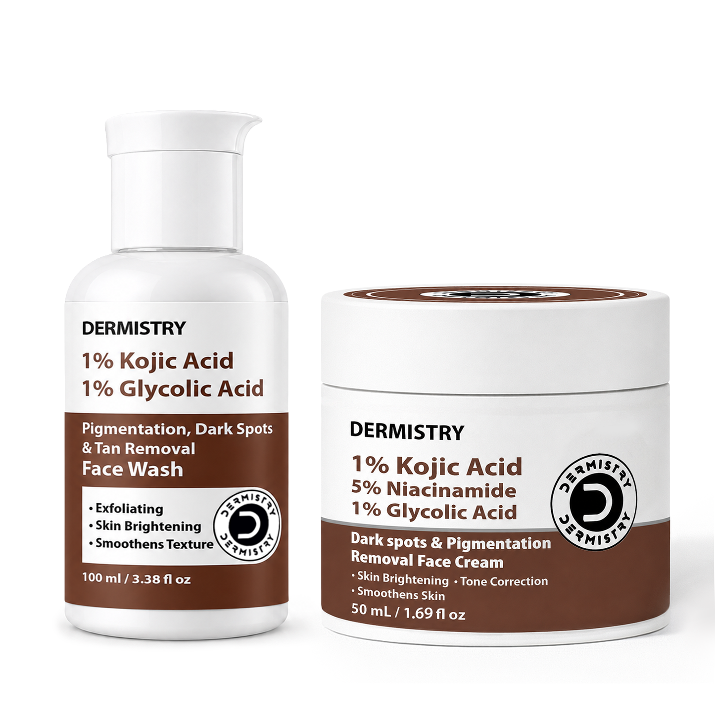 Dermistry 1% Kojic Acid 5% Niacinamide Instant Pigmentation Uneven Tone Dark Spots D De Tan Removal Skin Lightening Brightening Glowing Face Cream & Face Wash