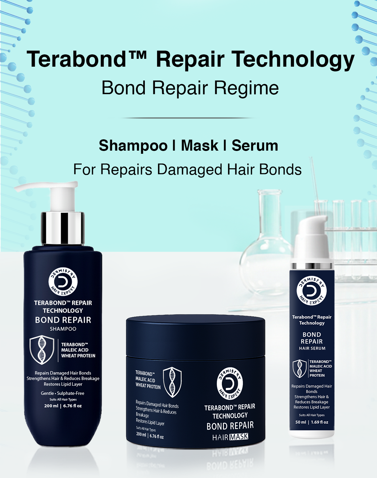 Shampoo, Mask, Serum
For Repairs Damaged Hair Bonds