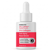 A bottle of Dermistry 4% Liftis Face Serum with a white dropper cap and a label featuring a bright pink lower section and white upper section.
