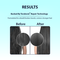 Before and after comparison of hair with Terabond repair technology on a light blue background.