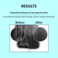 Results graphic showing hair repair comparison with a before-and-after split on dark hair, with text stating 'Backed By 3X Repair 3X Strength Formula' and 'Formulated to deeply repair damage, restore smooth strong hair' on a light blue background.