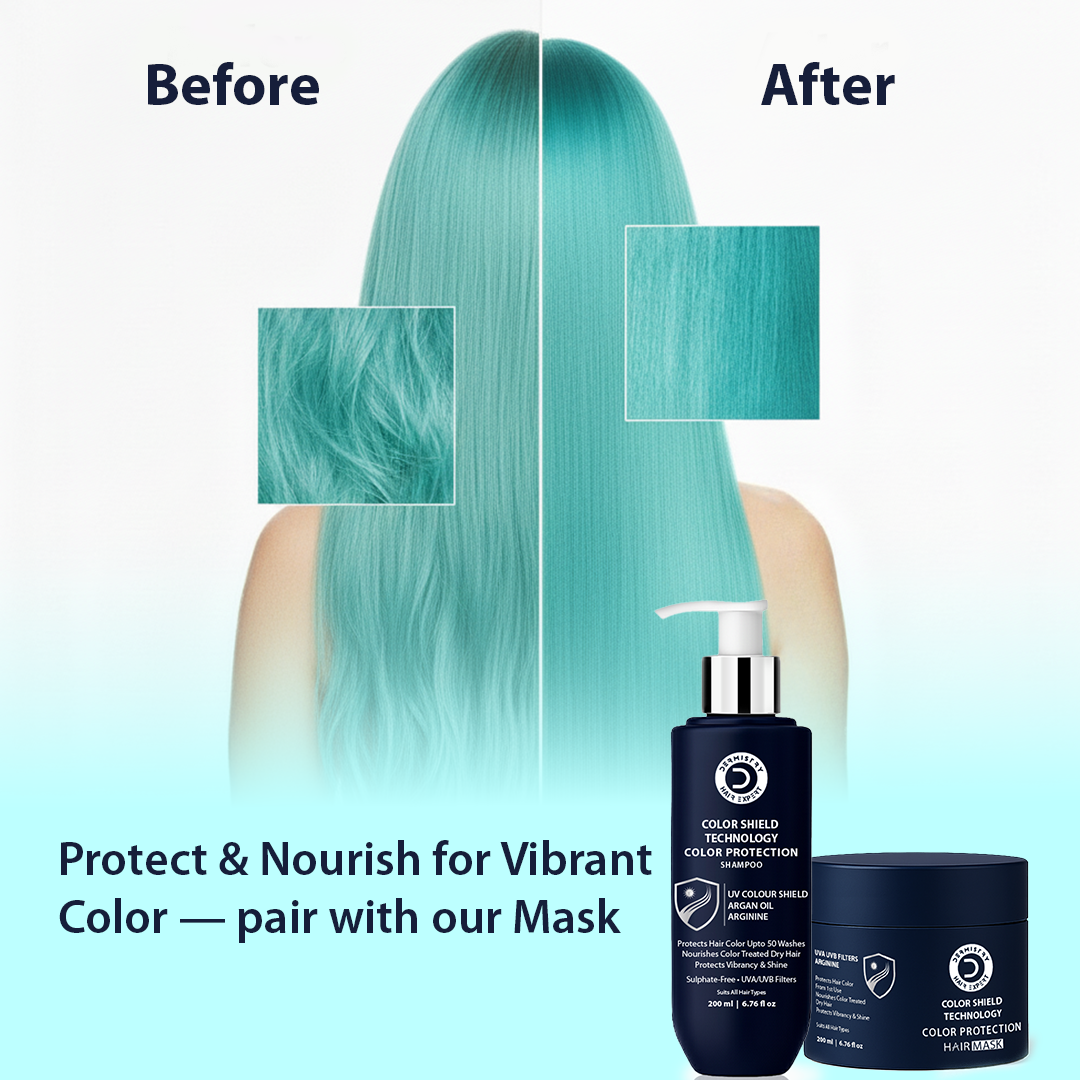 Before and after comparison of teal hair with hair care products on a white background