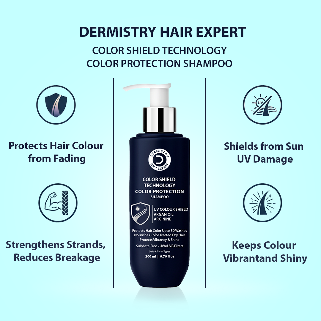 Dermistry Hair Expert Color Shield Technology shampoo bottle with features on a light blue background