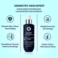 Dermistry Hair Expert Color Shield Technology shampoo bottle with features on a light blue background