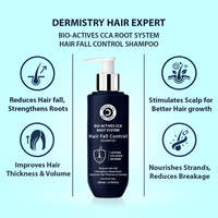 Dermistry Hair Expert shampoo bottle with benefits on a light blue background