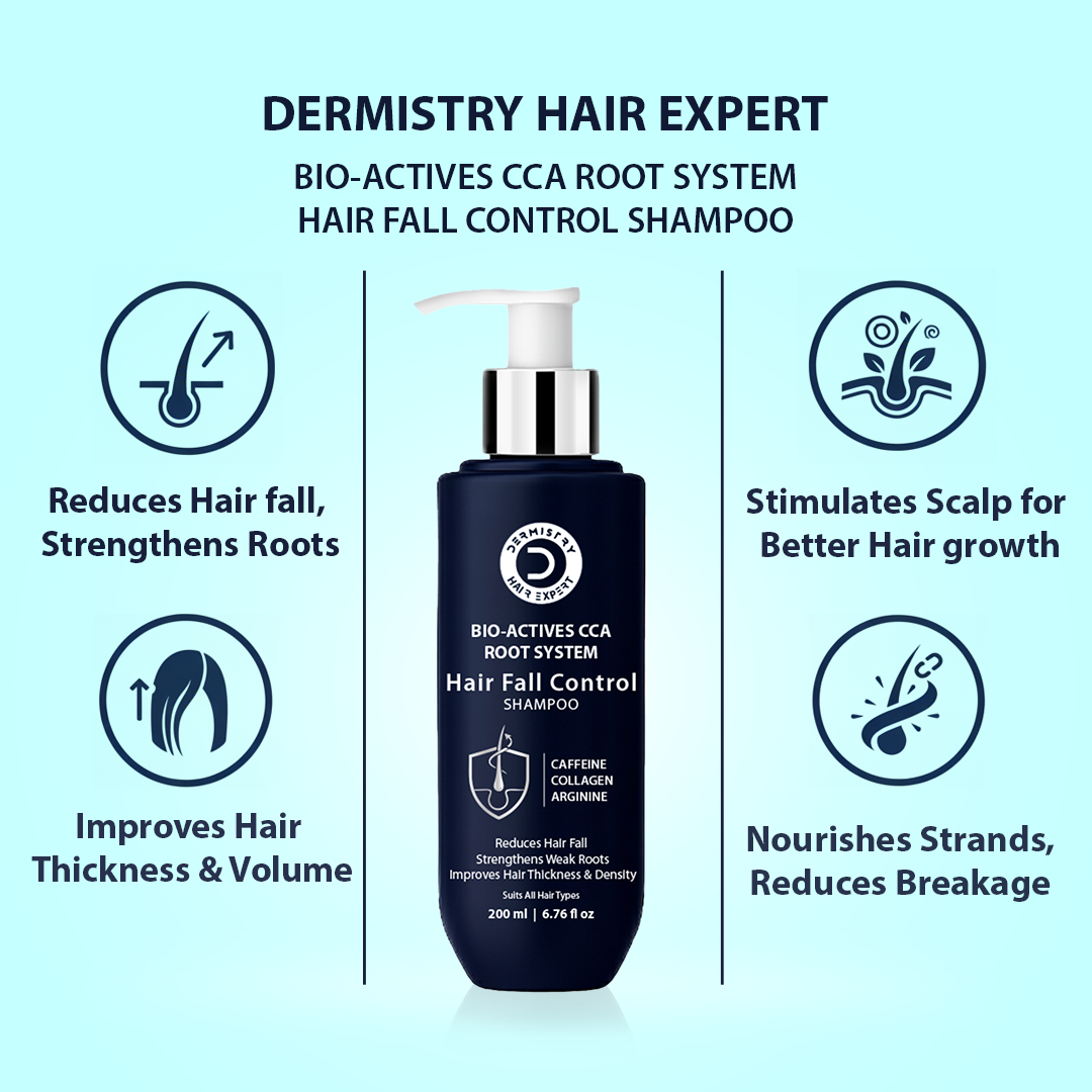 Dermistry Hair Expert shampoo bottle with benefits on a light blue background