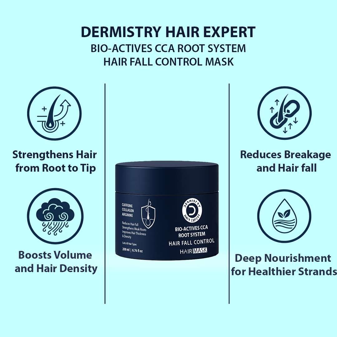 Dermistry Hair Expert mask with benefits on a light blue background