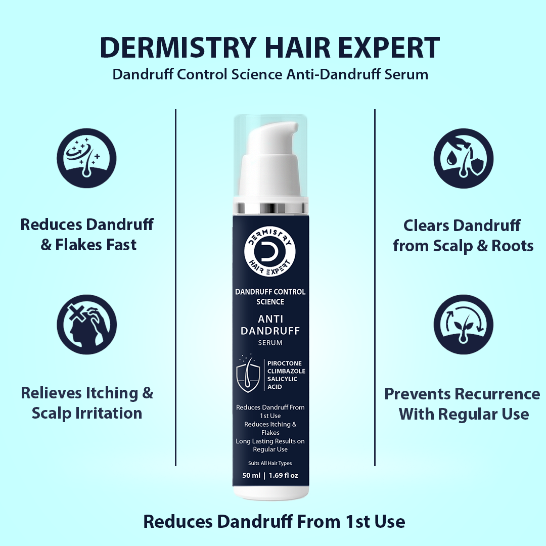 Dermistry Hair Expert dandruff control serum with benefits listed on a light blue background