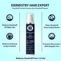 Dermistry Hair Expert dandruff control serum with benefits listed on a light blue background