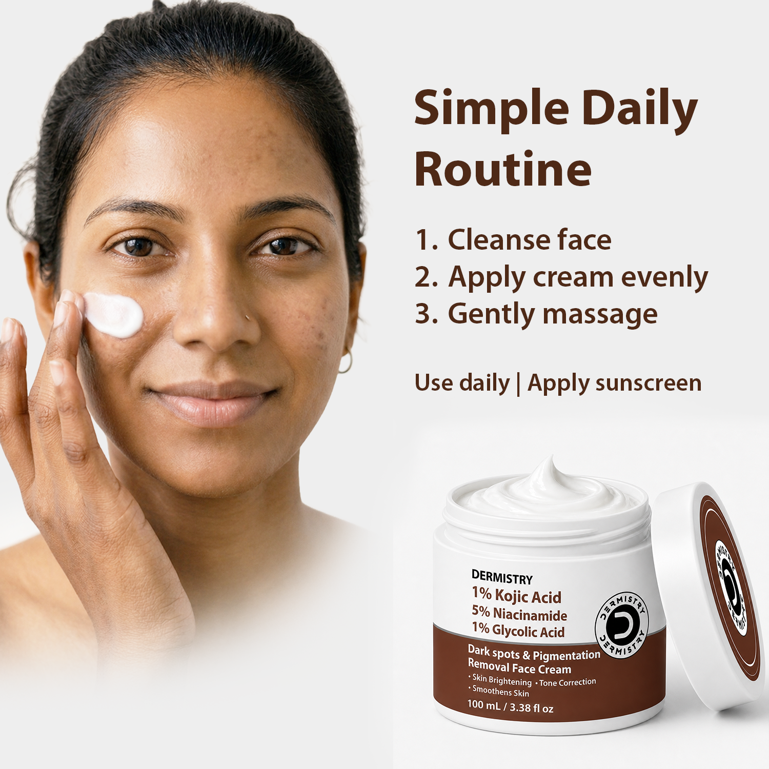 A woman applies a white cream to her cheek against a light background, with text reading 'Simple Daily Routine' and product details for a Dermystry face cream jar shown at the bottom right.