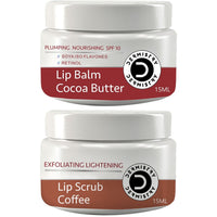 Dermistry Cocoa Butter Lip Care Tint Balm Plumping Nourishing Retinol SPF 10 for Glossy Lips + Exfoliating Lightening Coffee & Sugar Lip Scrub