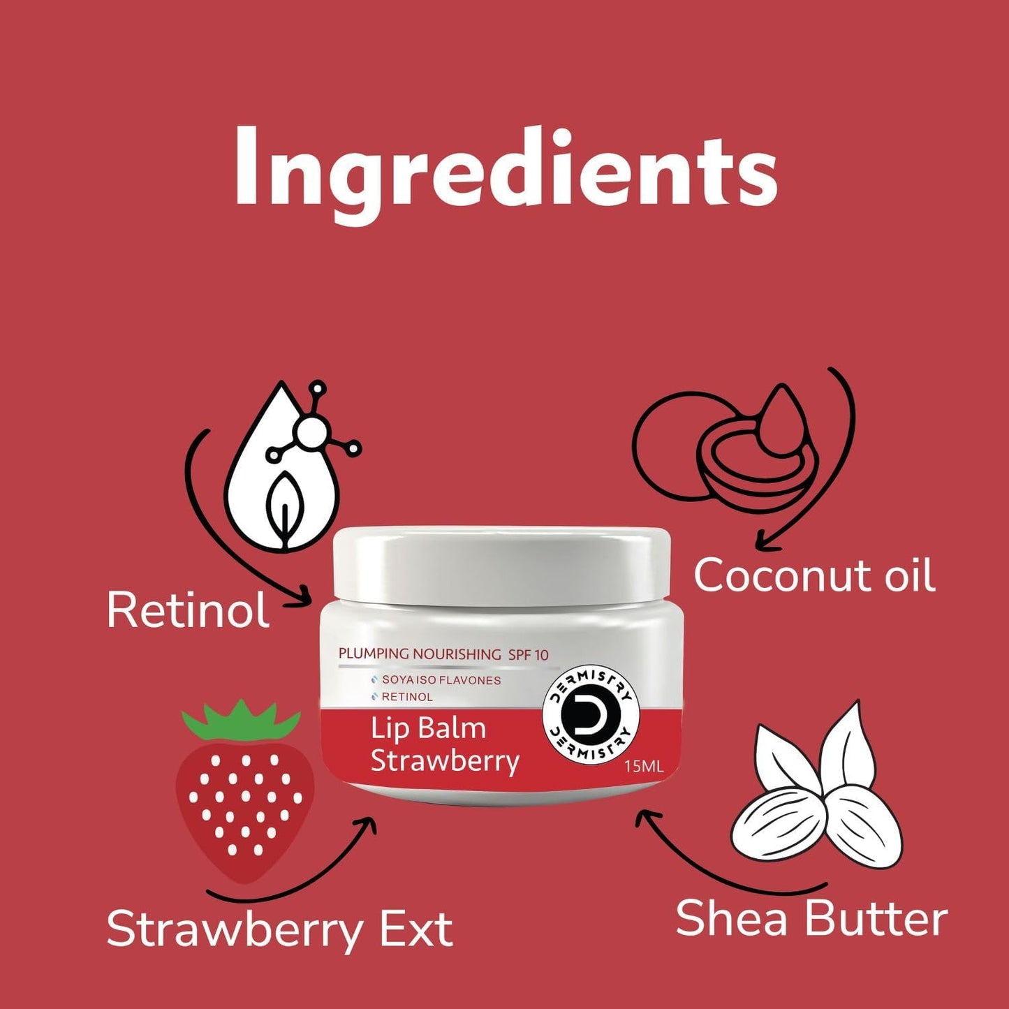 Dermistry Plumping Nourishing SPF10 Lip Balm Cocoa Butter & Strawberry for Dry Dark Chapped Lips
