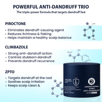 Promotional graphic for a powerful anti-dandruff trio with product details and benefits.
