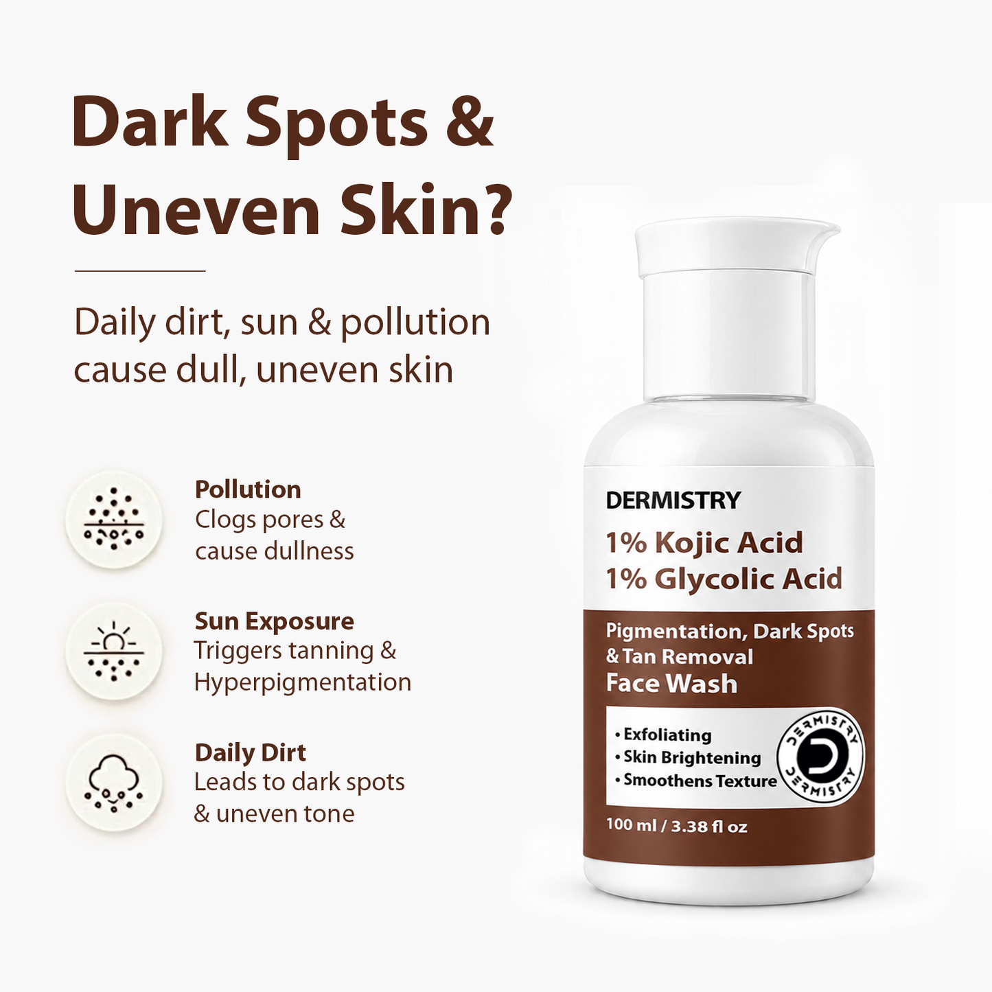 Dermistry 1% Kojic Acid 5% Niacinamide Instant Pigmentation Uneven Tone Dark Spots D De Tan Removal Skin Lightening Brightening Glowing Face Cream & Face Wash
