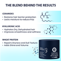 Hair mask product with ingredients list on a light blue background